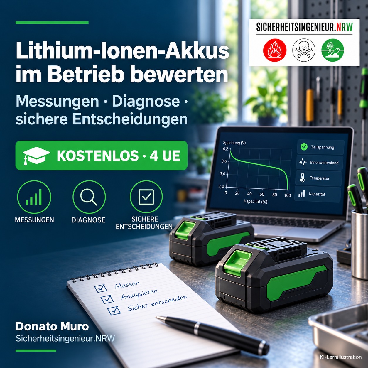 Kostenloser Lithium-Akkukurs: Messungen, Diagnose und sichere betriebliche Entscheidungen. KI-Lernillustration.