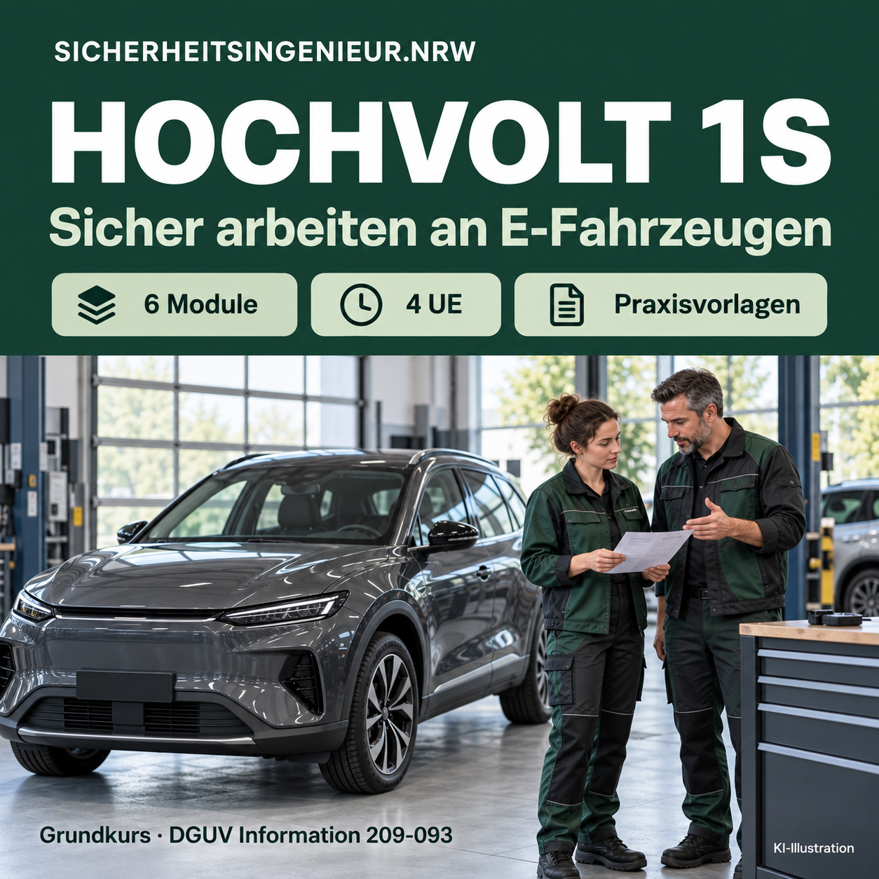 Hochvolt 1S: Grundkurs für allgemeine Arbeiten an E-Fahrzeugen, sechs Module und Praxisvorlagen. KI-Illustration.