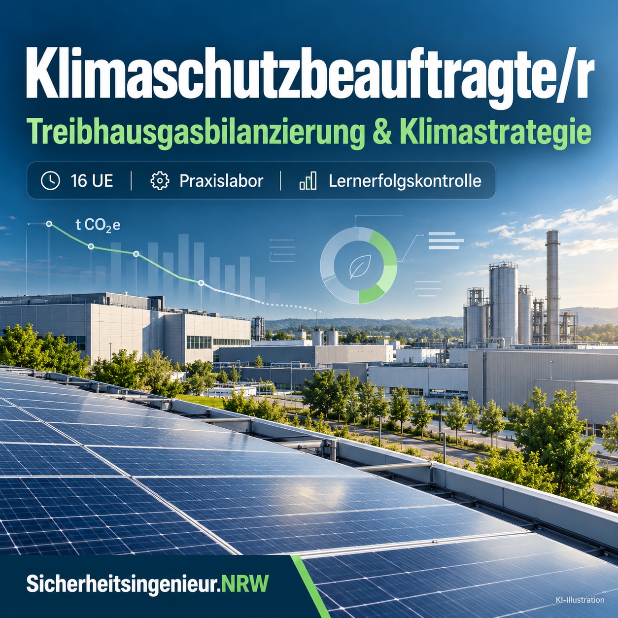 Klimaschutzkurs, 16 UE. KI-Illustration: Industriebetrieb, Photovoltaik und Emissionsgrafik.