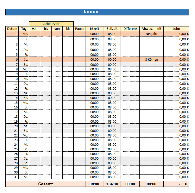 Excel Stundenzettel 2026 mit Soll, Ist, Saldo, Urlaubskalender und ...