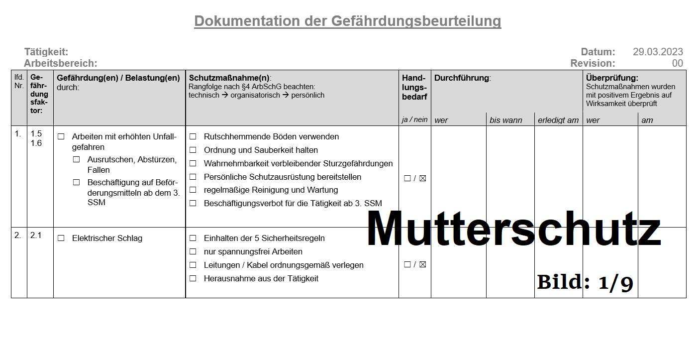Gefährdungsbeurteilung Mutterschutz - Vorlage - komplett ausgefüllt als Word-Datei (8 Seiten ...