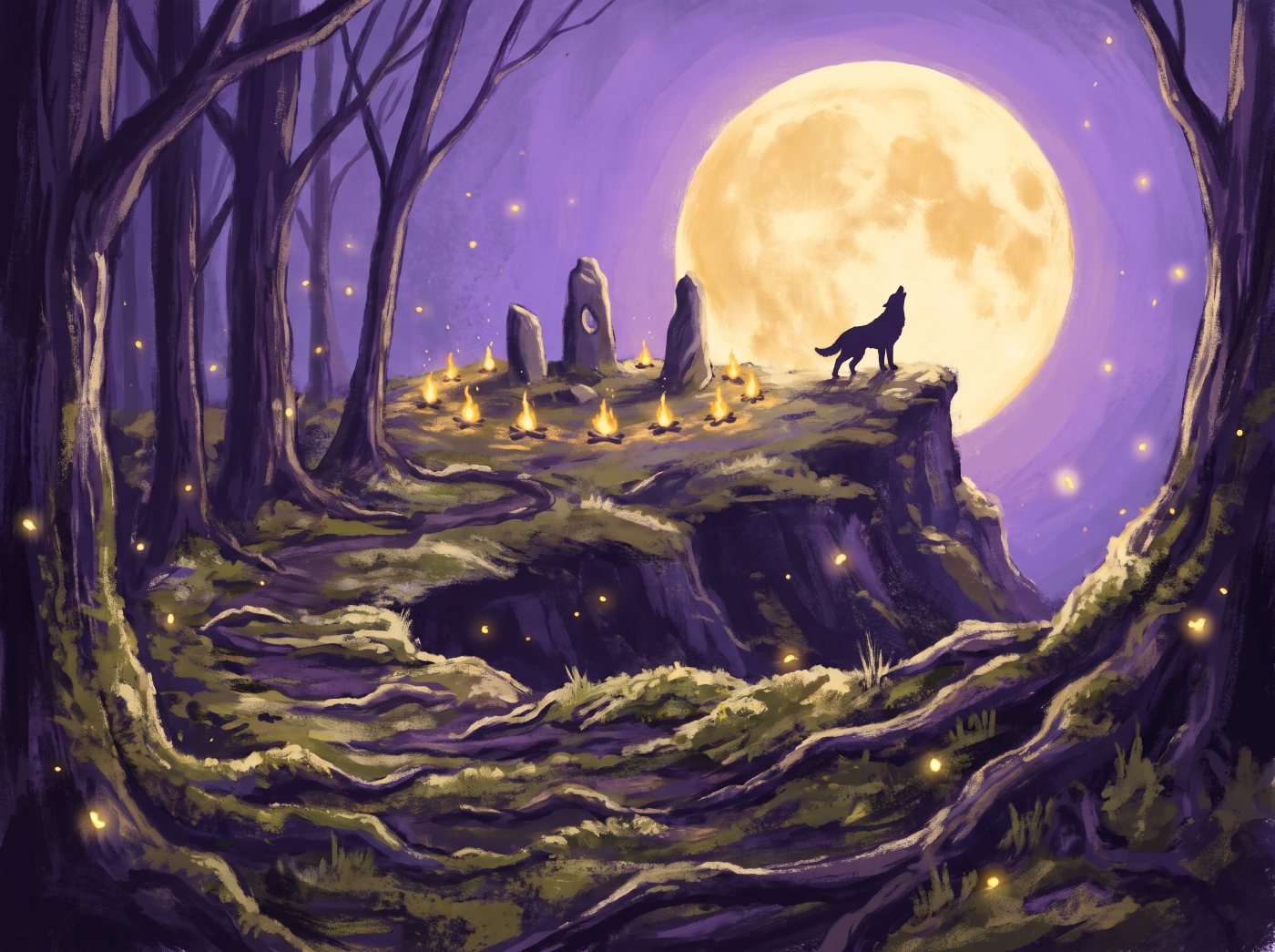 Ein Waldpfad zu einem Steinkreis mit Feuern, ein Wolf vor dem Vollmond