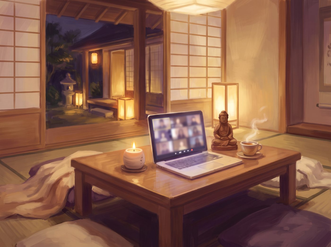 Ein japanischer Raum im Laternenlicht, auf dem Tisch ein Laptop mit einem Live-Call