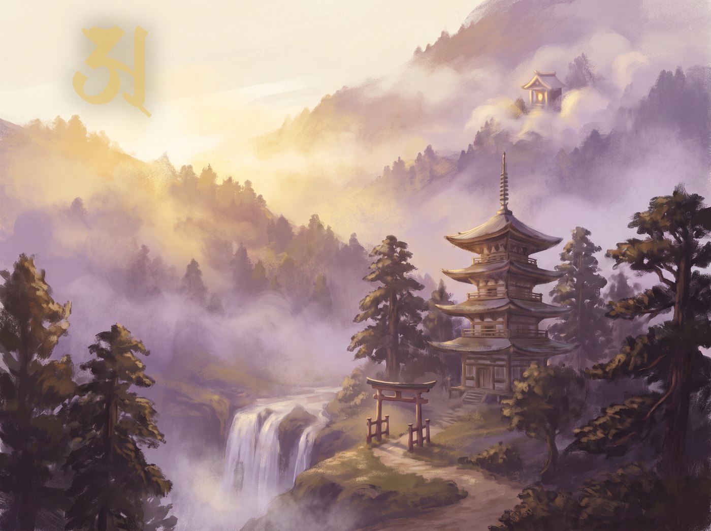 Ein japanischer Bergtempel im Morgennebel