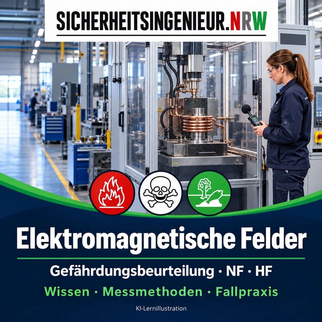 EMF: Gefährdungsbeurteilung, NF/HF-Messmethoden und virtuelle Fallpraxis. KI-Motiv von Sicherheitsingenieur.NRW.