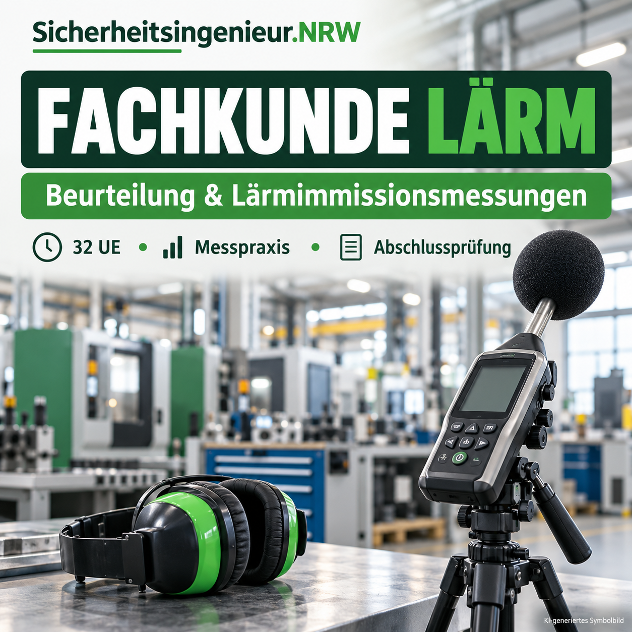 Fachkunde Lärm: Schallpegelmessgerät und Gehörschutz. KI-generiertes Symbolbild.