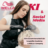 Friseurin färbt Kundin die Haare, Schriftzug KI & Social Media, Kooperation JungAdler Academy und WELLA.