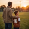 Father and Son standing on a football field. 