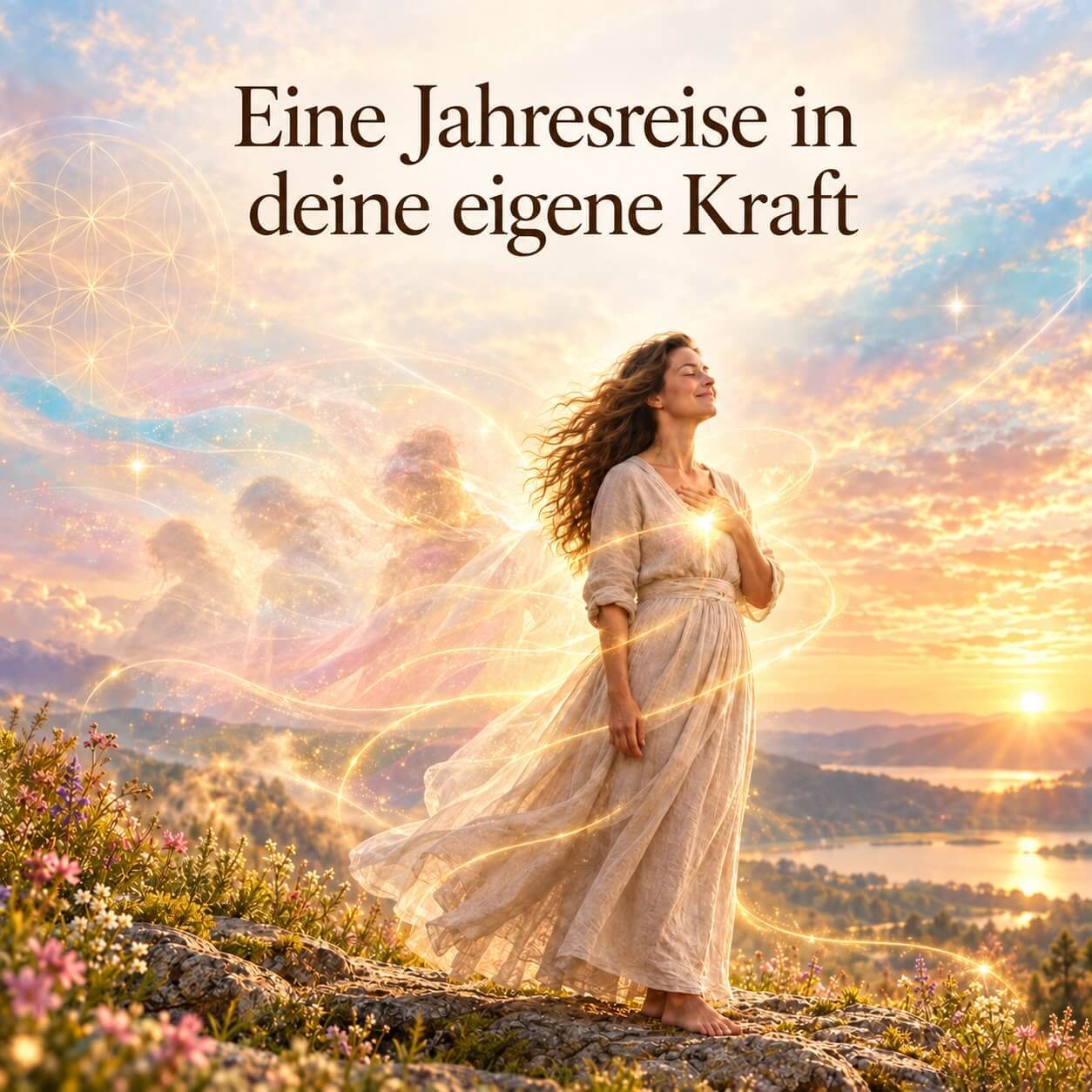 Jahresreise in deine eigene Kraft Vorschaubild eine Frau mit der Hand auf dem Herzen wendet sich ihrer Zukunft zu