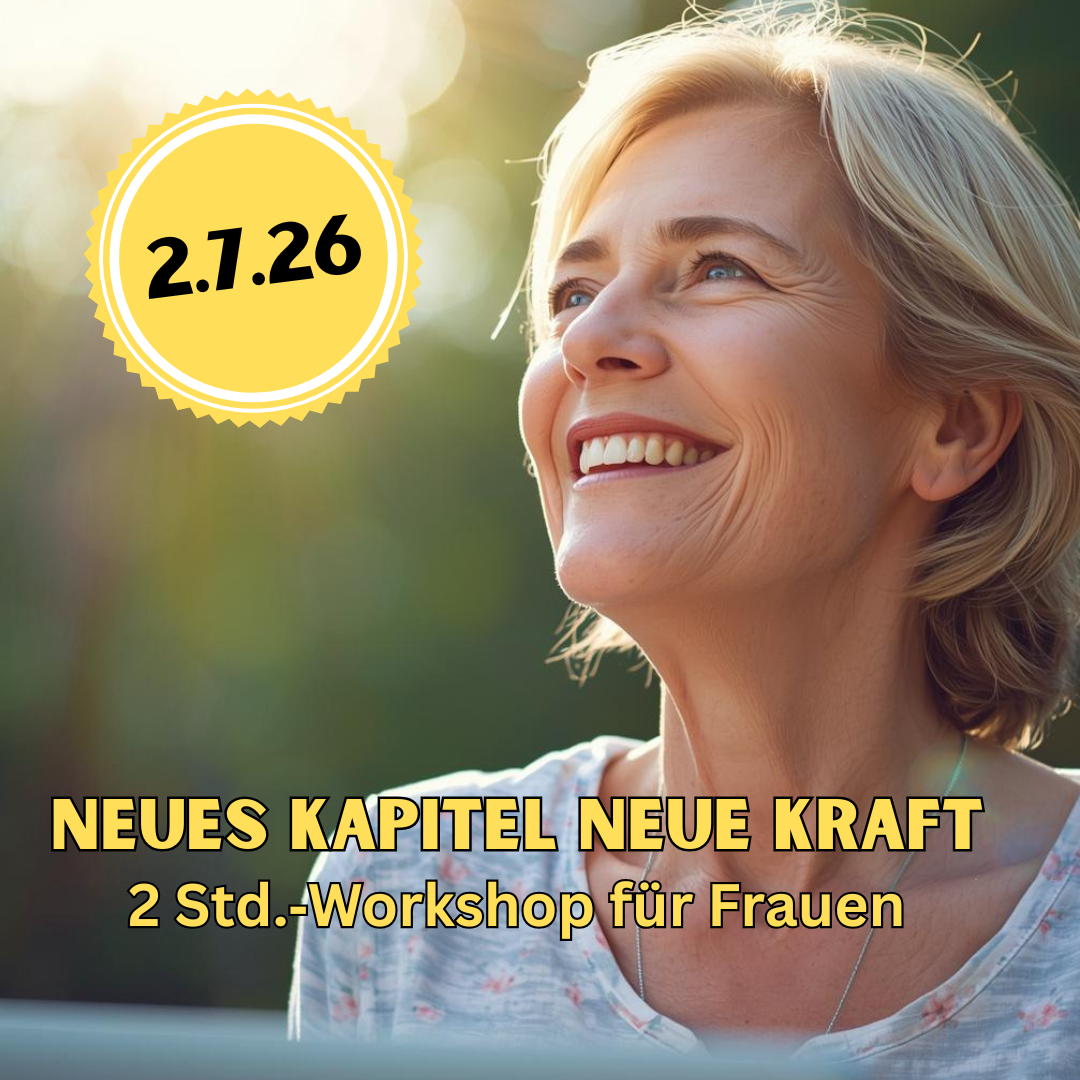 Frau mit Lachen in die Zukunft blickend, neues Kapitel neue Kraft 2 Std. Workshop für Frauen, Störer in dem steht: 2.7.26