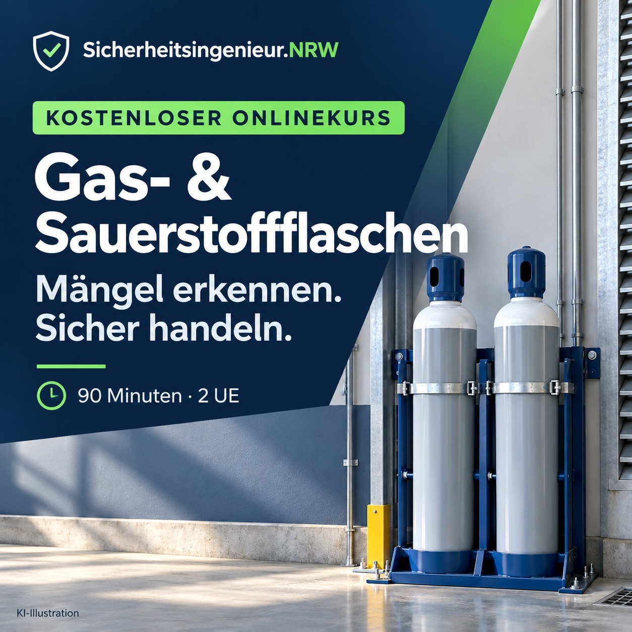 Kostenloser Onlinekurs zu Gas- und Sauerstoffflaschen: zwei gesicherte Flaschen, 90 Minuten und 2 UE. KI-Illustration.