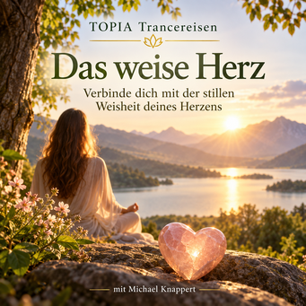 Cover der TOPIA Trancereise „Das weise Herz“ – eine meditierende Frau an einem stillen See in warmer goldener Landschaft mit 