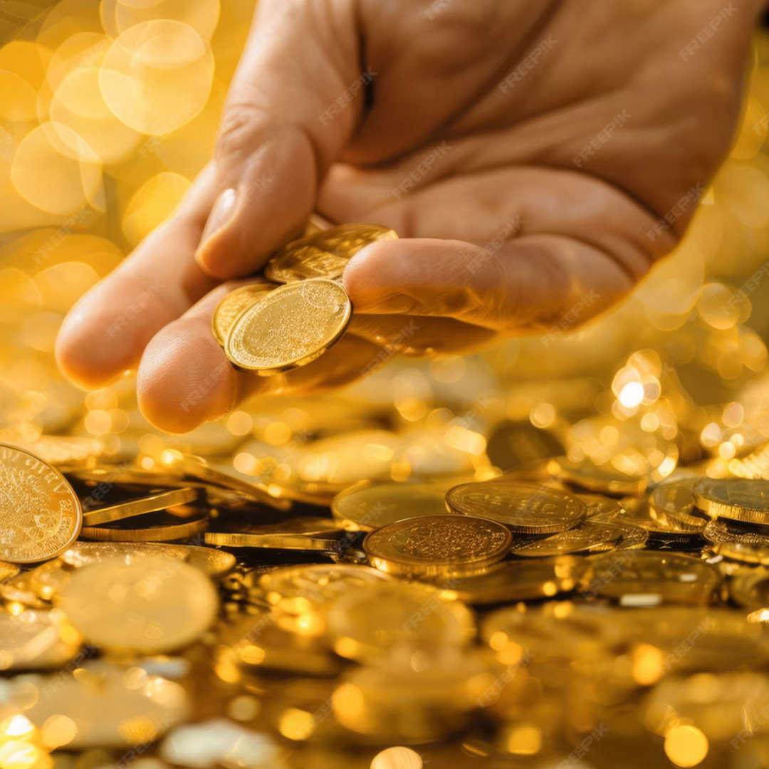 Eine Hand hebt Goldmünzen hoch