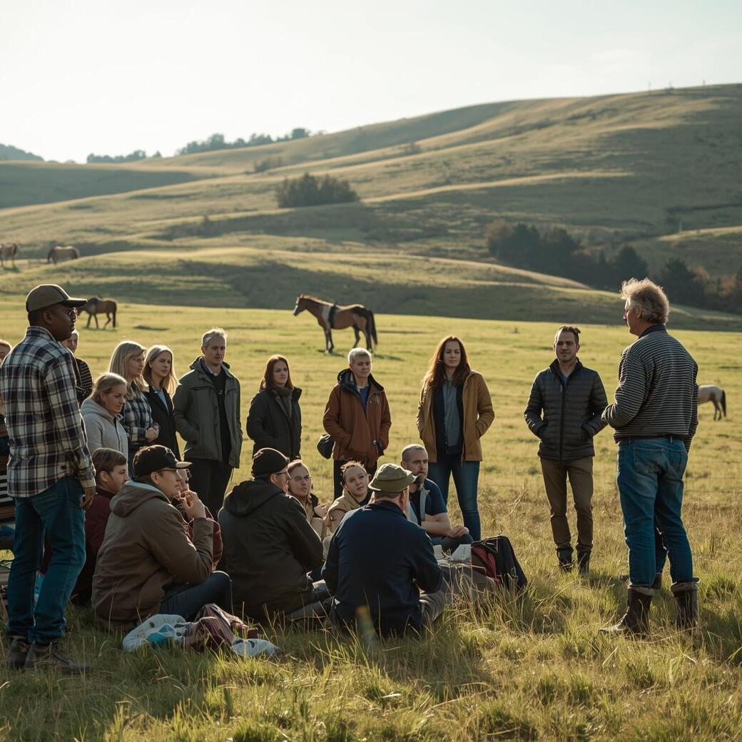 Make me a photo-realistic picture of people listening to a teacher - they are outside in the fields and you can see horses in the background-1040x1040.jpg