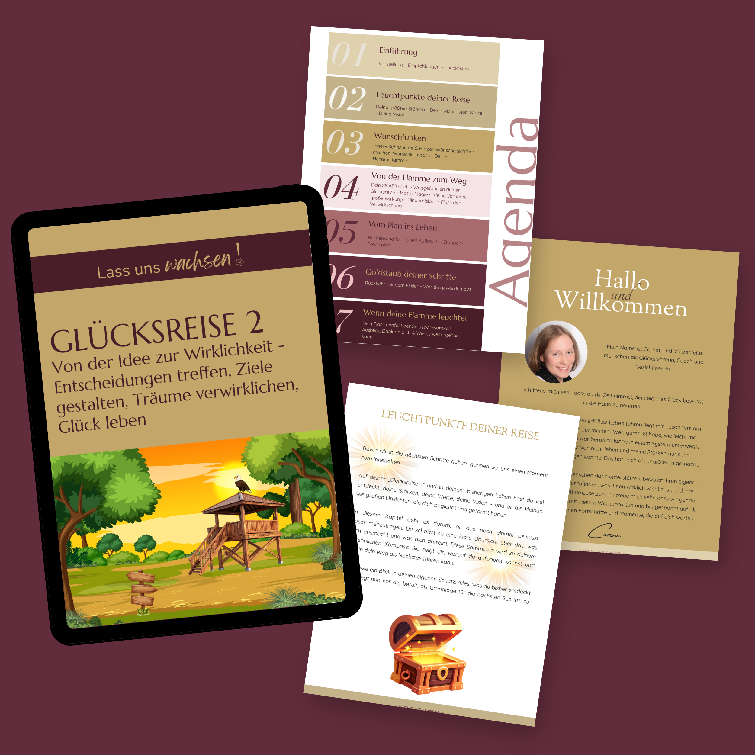 Vorschau des Selbstcoaching-Workbooks GLÜCKSREISE 2 mit Cover und drei Beispielseiten.