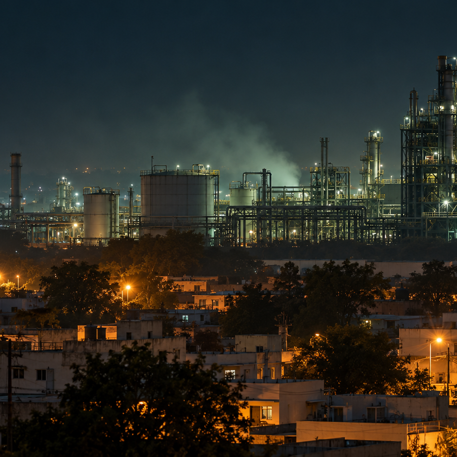 Bhopal verstehen – eigene KI-Illustration einer fiktiven Chemieanlage; kein historisches Unfallfoto.