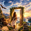 Soul Liberation 2027, Eine Frau geht zielstrebig durch ein Tor in eine neue Landschaft begleitet von einer Feuerziege