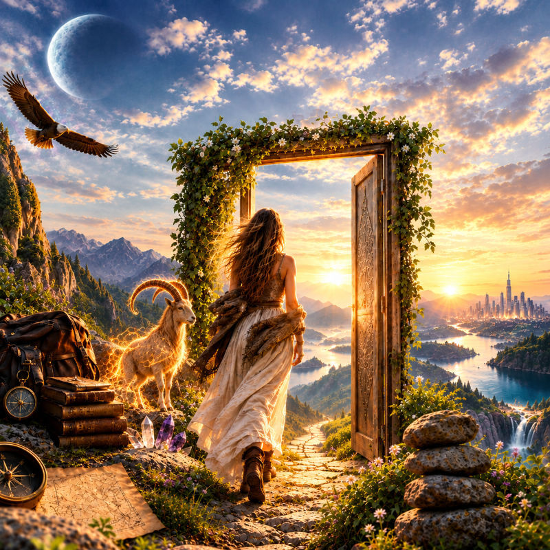 Soul Liberation 2027, Eine Frau geht zielstrebig durch ein Tor in eine neue Landschaft begleitet von einer Feuerziege