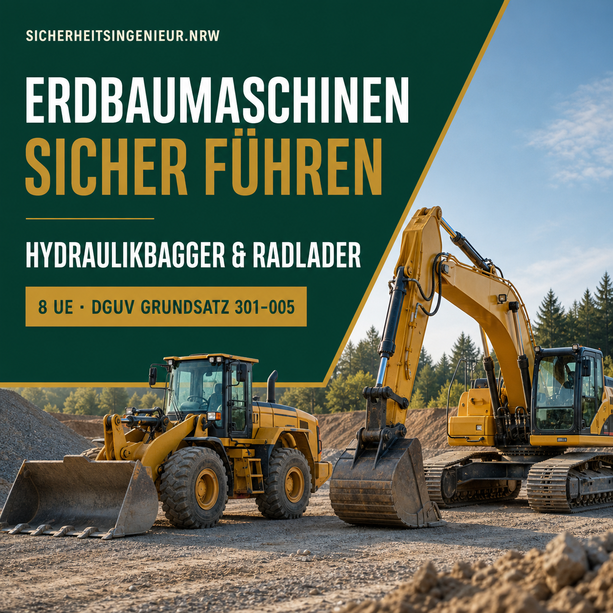 Hydraulikbagger und Radlader auf einer Baustelle – 8-UE-Theoriekurs nach DGUV Grundsatz 301-005