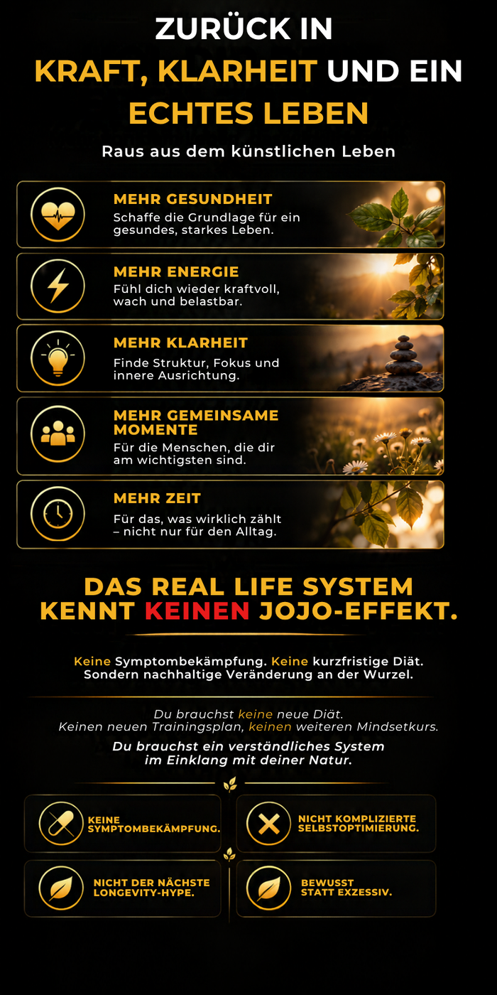 Zurück in Kraft, Klarheit und ein echtes Leben. Das RLS kennt keinen Jojo Effekt. Keine Symptombekämpfung, nicht komplizierte