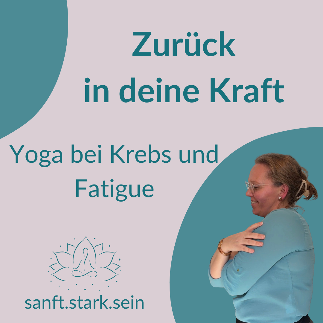 Banner für Onlinekurs Zurück in deine Kraft - Yoga bei Krebs und Fatigue, Frau in liebevoller Selbstumarmung