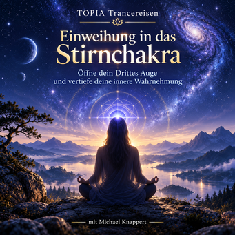 Cover der TOPIA Trancereise „Einweihung in das Stirnchakra“ – meditierende Frau unter einem Sternenhimmel mit leuchtendem Sti