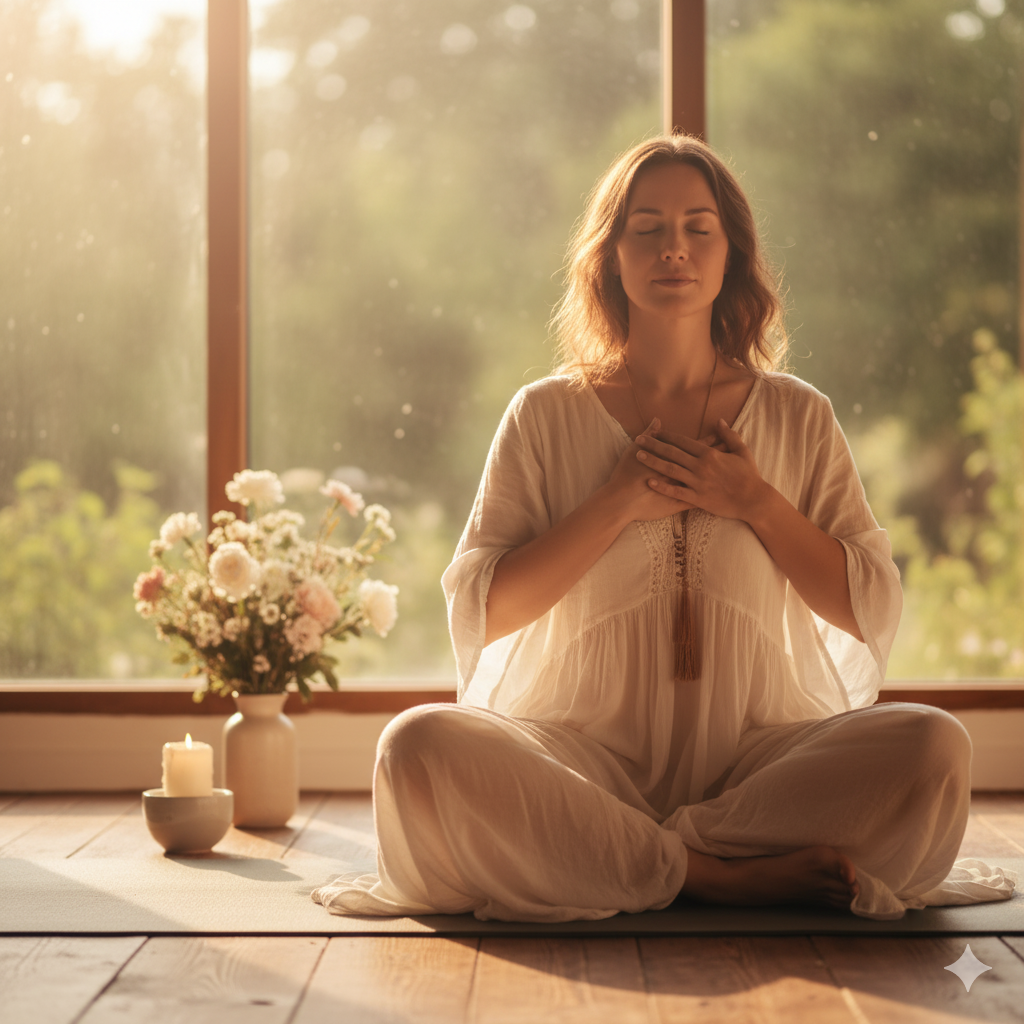 Ziel: Sanft, natürlich, achtsam – Gefühl von innerer Ruhe und weiblicher Energie. Fotoideen:  Frau sitzt in Meditation auf ei