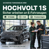 Hochvolt 1S: Grundkurs für allgemeine Arbeiten an E-Fahrzeugen, sechs Module und Praxisvorlagen. KI-Illustration.