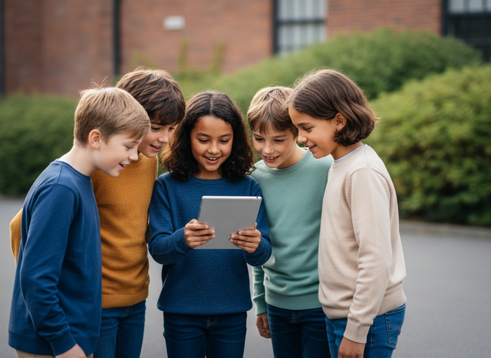 Kinder im Kreis stehend mit iPad.