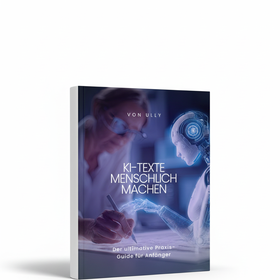Ein Buch KI-Texte menschlich machen mit einer schreibenden Frau und ein Roboter