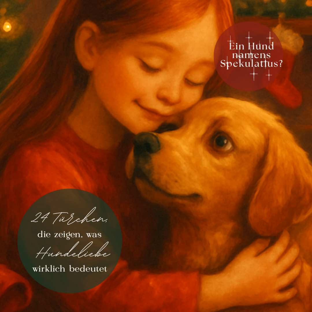 Ein warmes, weihnachtliches Motiv: Ein Mädchen mit roten Haaren umarmt liebevoll einen goldfarbenen Hund. Im Hintergrund leuc