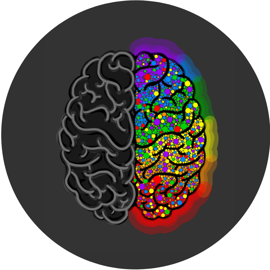 Zeichnung eines Gehirns mit einer rechten, bunten Hirnhälfte auf dunklem Hintergrund