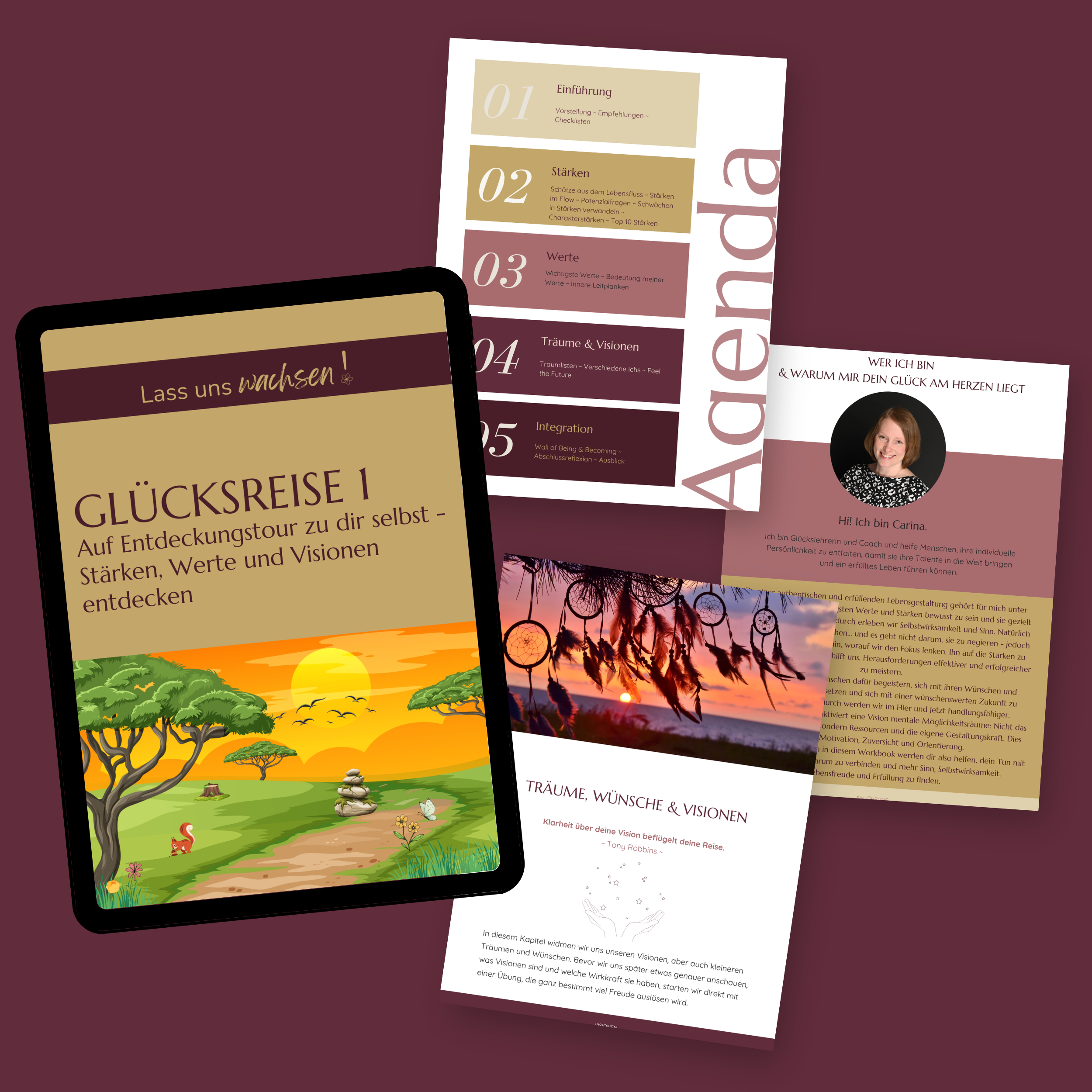 Vorschau des Selbstcoaching-Workbooks GLÜCKSREISE 1 mit Cover und drei Beispielseiten.