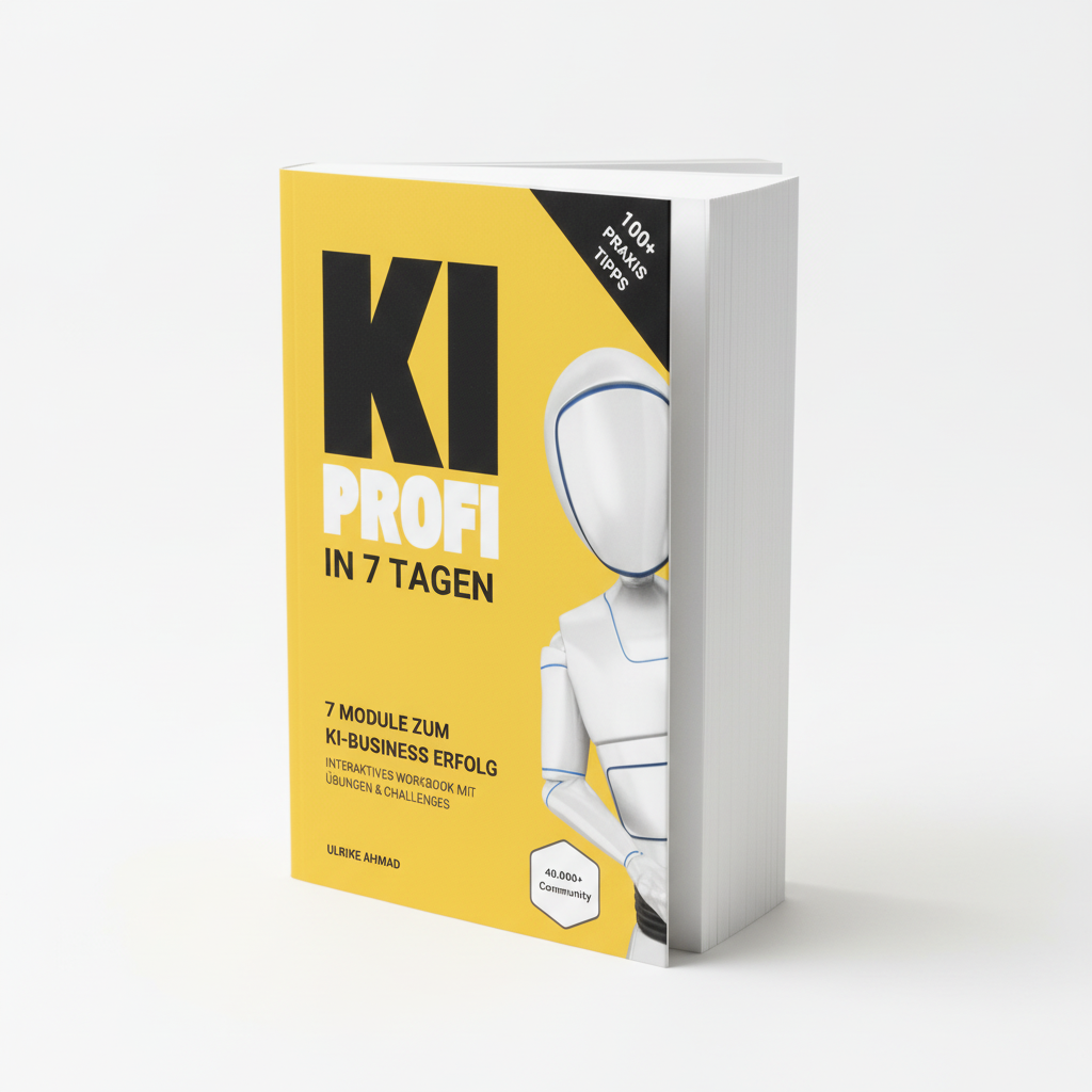 Ein gelbes Buch KI Profi in 7 Tagen mit einem weißen futuristischen Roboter.