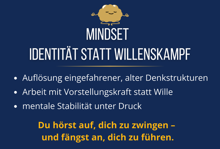 Mindset Identität statt Willenskampf. Du hörst auf, dich zu zwingen und fängst an, dich zu führen