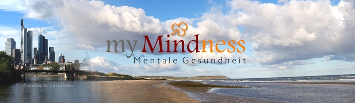 myMindness Mentale Gesundheit Logo mit Hintergrund Skyline Frankfurt verlaufend auf Strand nördlich Dublin
