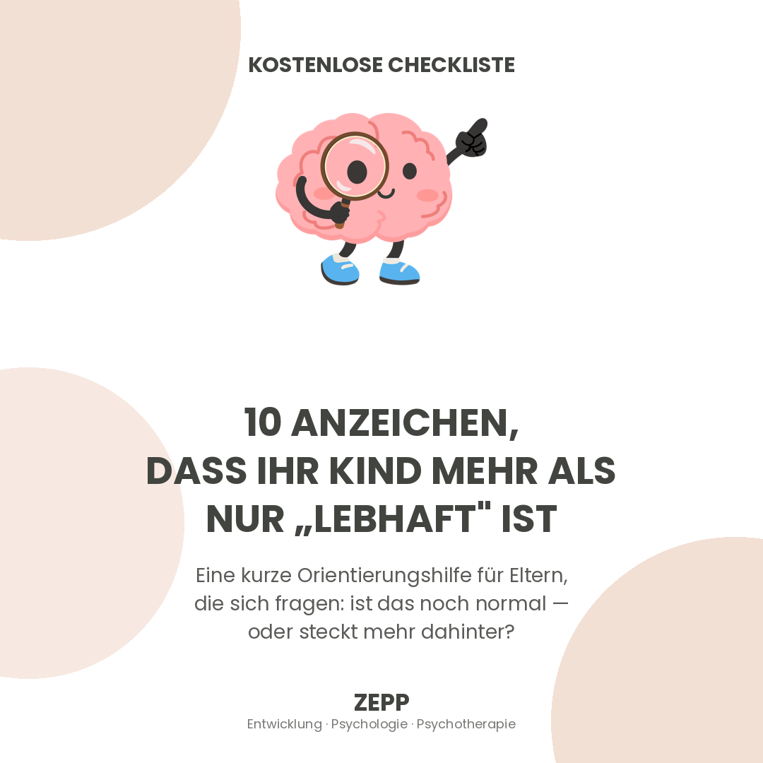 Gehirn-Illustration mit Lupe – Cover der ZEPP-Checkliste zu ADHS-Anzeichen bei Kindern
