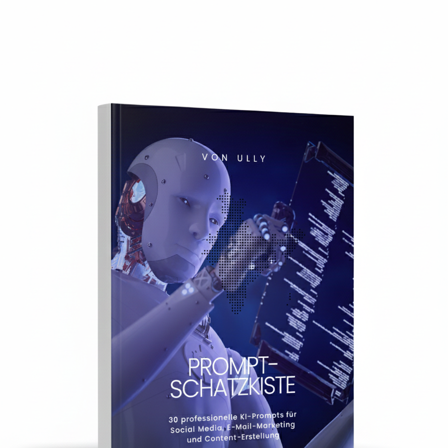 Ein Buch Prompt-Schatzkiste mit einem futuristischen Roboter mit einem Hologram