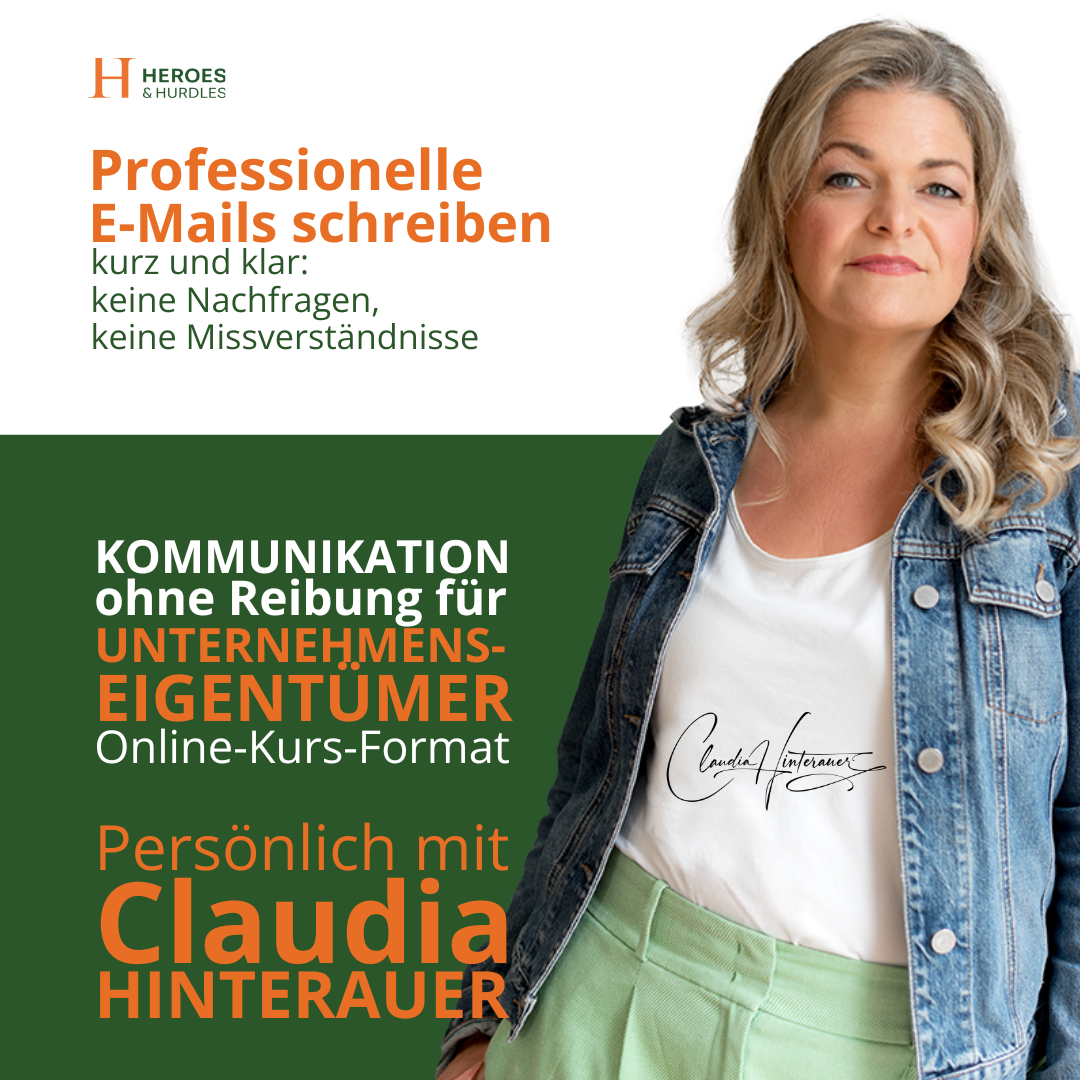 Banner für Webinar zum professionellen Schreiben von Emails mit Bild von Claudia Hinterauer
