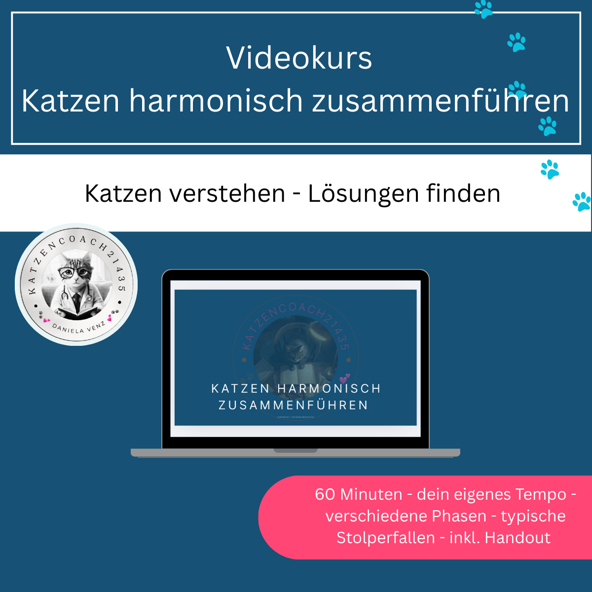 Katzen zusammenführen kann kompliziert sein – muss es aber nicht! In meinem Seminar erkläre ich dir alle Phasen der Zusammenführung und gebe dir praktische Tipps, die wirklich funktionieren.“ (120-2-1200x1200.png