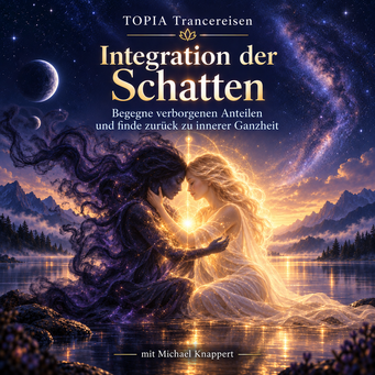 Cover der TOPIA Trancereise „Integration der Schatten“ – eine meditative, spirituelle Darstellung von Licht und Schatten als 