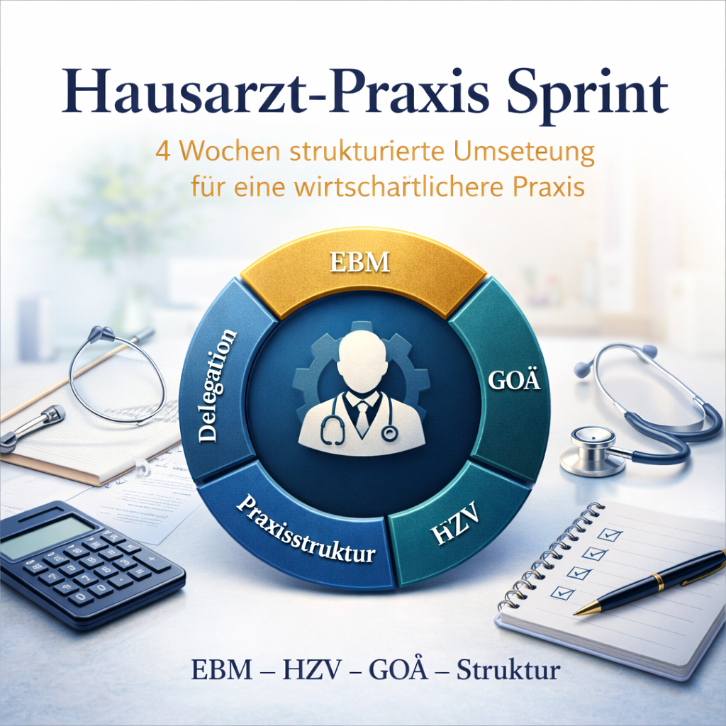 Cover „Hausarzt-Praxis Sprint“ mit Kreisdiagramm zu EBM, GOÄ, HZV und Praxisstruktur.