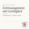 Zeitmanagement mit Leichtigkeit - mit Magnus Hecht, begleitet von Fluffy. Logo F, Schmetterlingsflügel, Kreis