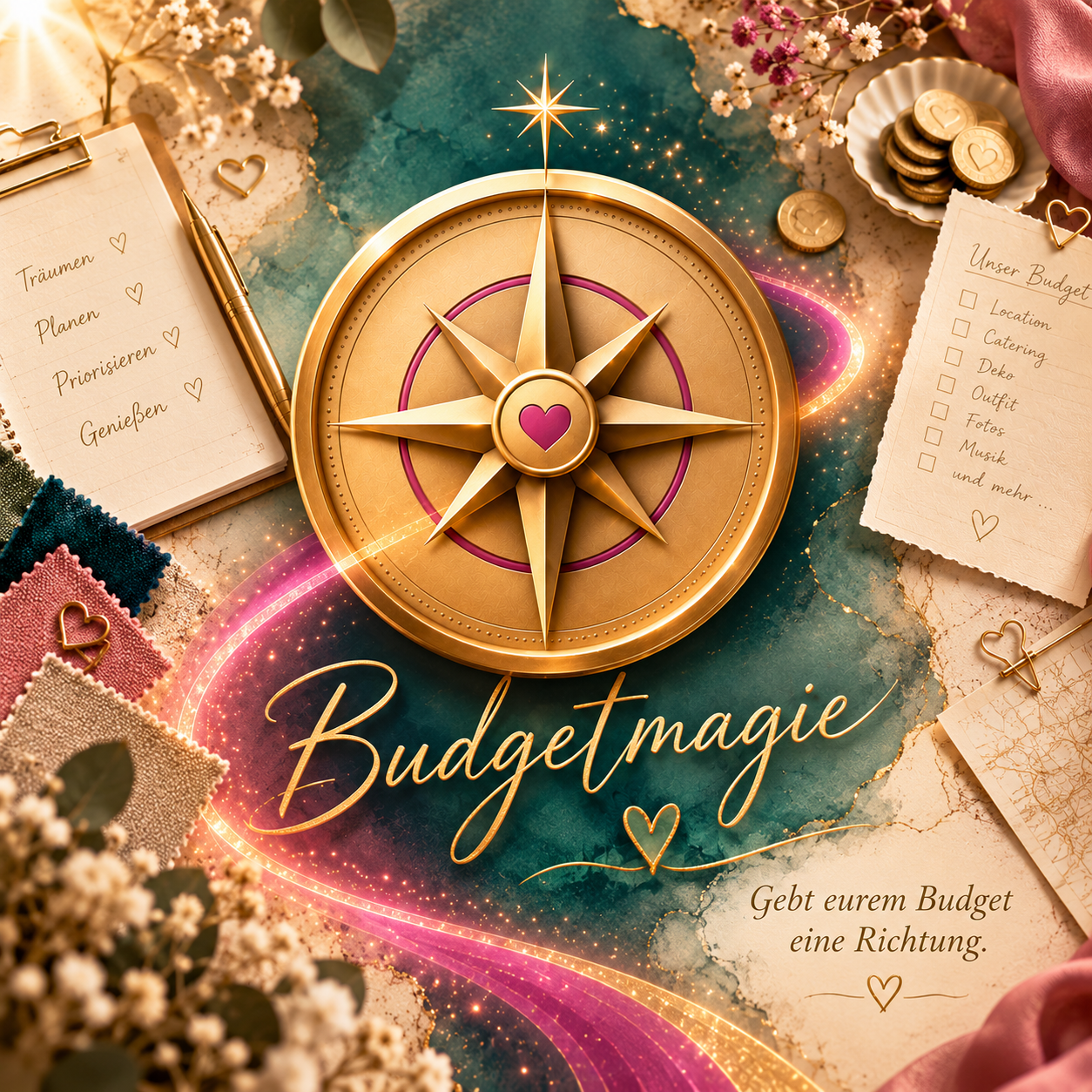 „Budgetmagie von Love Vision Weddings mit goldenem Kompass, Hochzeitsbudget-Notizen und pink-goldener Route.“
