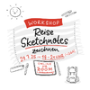 Illustriertes Poster für den Workshop „Reise Sketchnotes zeichnen“ am 29.7.25 von 19–21 Uhr, online via Zoom mit Aufzeichnung