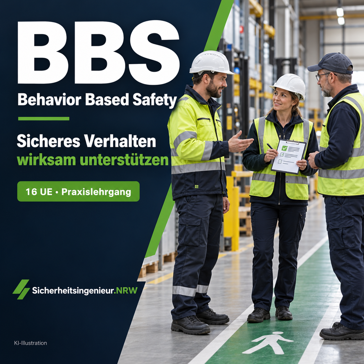 BBS: sichere Arbeitsabläufe beobachten, Feedback geben und verbessern. KI-Illustration.