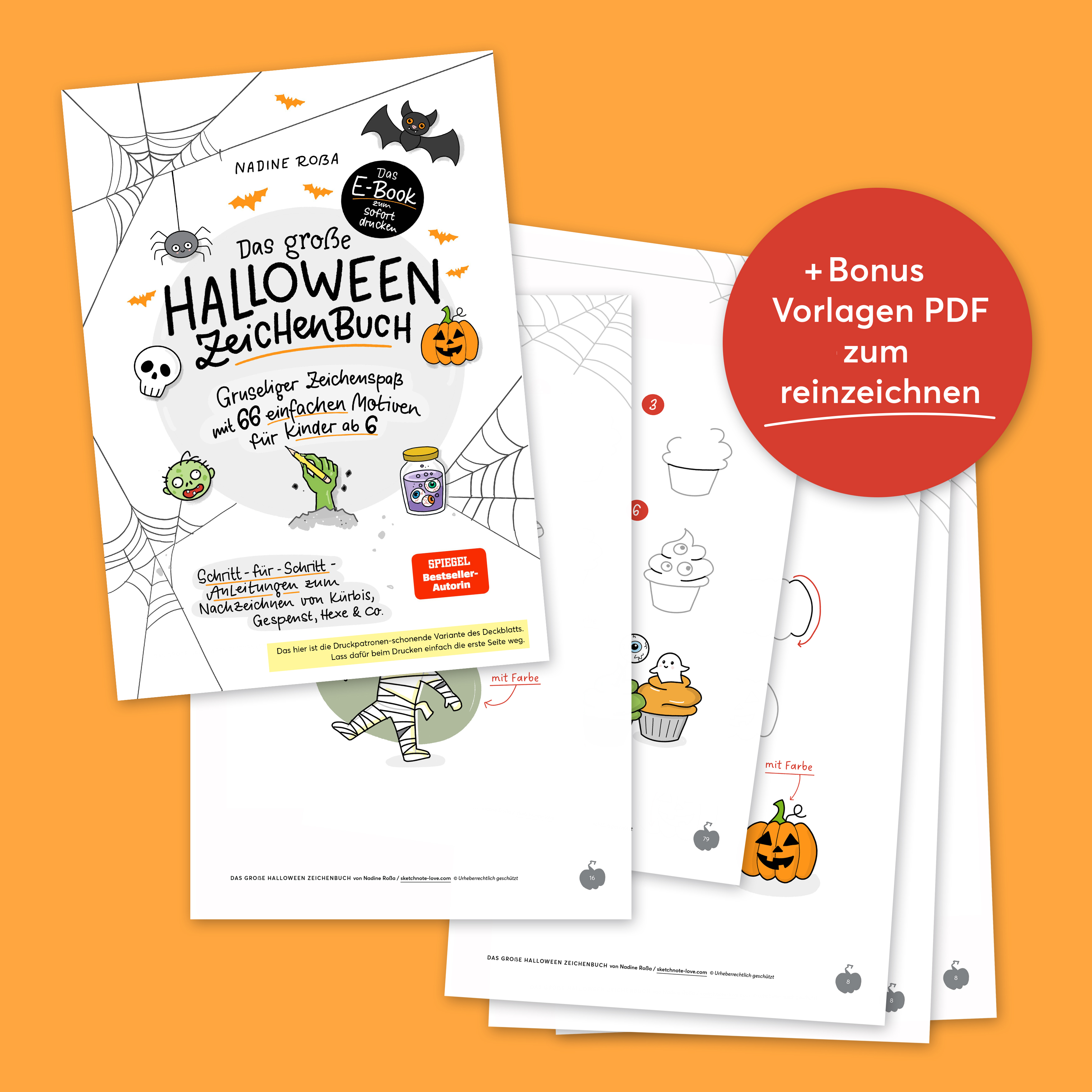 Halloween Zeichenanleitung Buch für Kinder – 66 einfache gruselige Motive wie Kürbis, Gespenst, Zombie, Fledermaus und Hexe S
