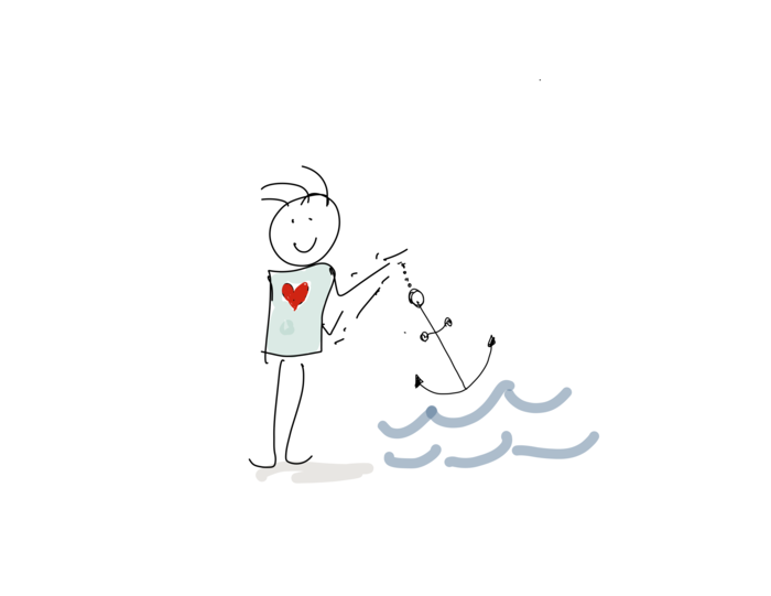 Ein Herzmännchen wirft einen Anker ins bewegte Wasser