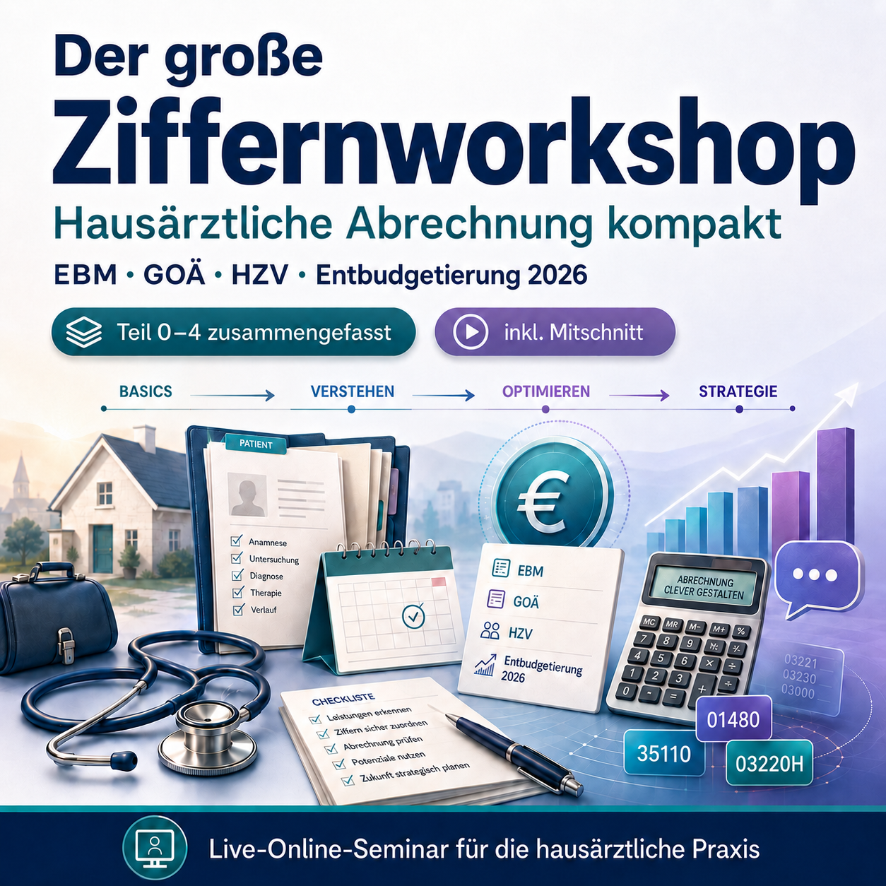 Cover zum „großen Ziffernworkshop“ mit medizinischen und Abrechnungs-Symbolen