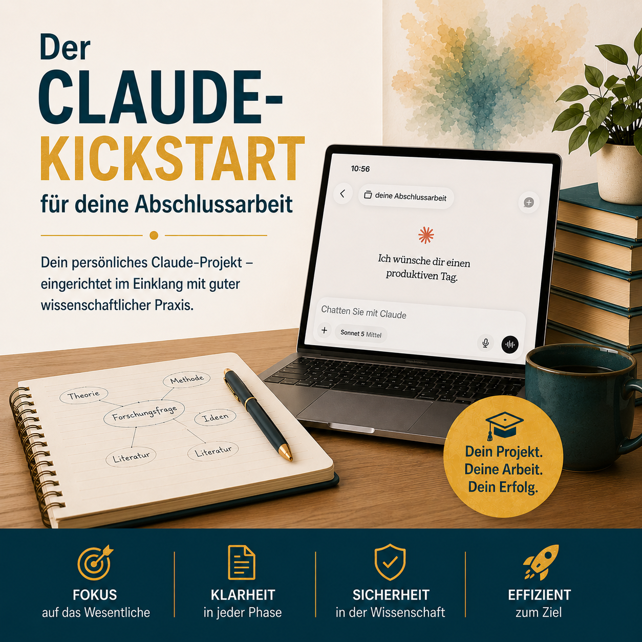 Cover des Onlinekurses „Der Claude-Kickstart für deine Abschlussarbeit“ mit Laptop, Notizbuch und Fokus auf wissenschaftliche